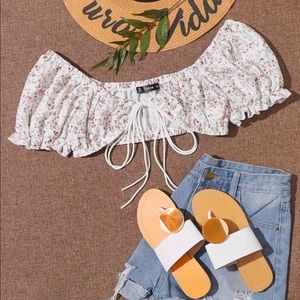 White floral tie crop top